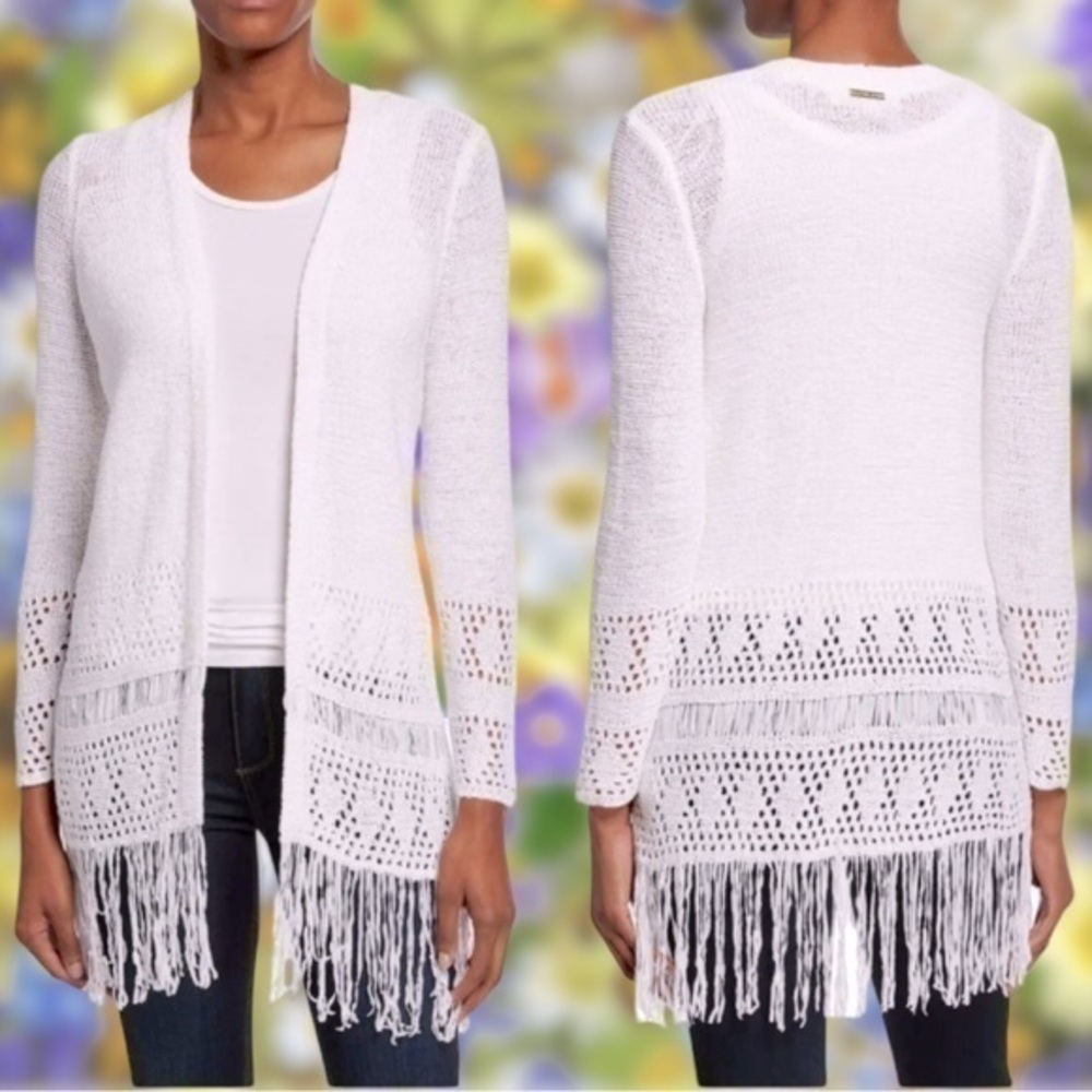 MICHAEL KORS White Crochet Looped Fringe Open Front Cardigan Sz M NWT